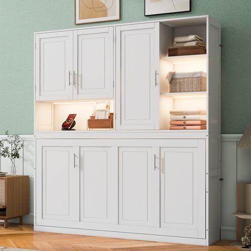 SOFTSEA Twin Murphy Bed with Storage Bookcase, LED Light & Charging Stations, Grey G72495