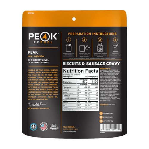 Peak Refuel Biscuits and Gravy Freeze Dried Camping Food, 2 Serving Pouch G894
