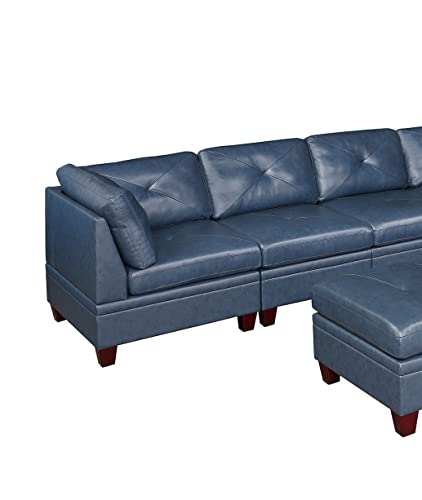 Contemporary Ink Blue Genuine Leather 6-Piece Sectional Sofa Set Q461