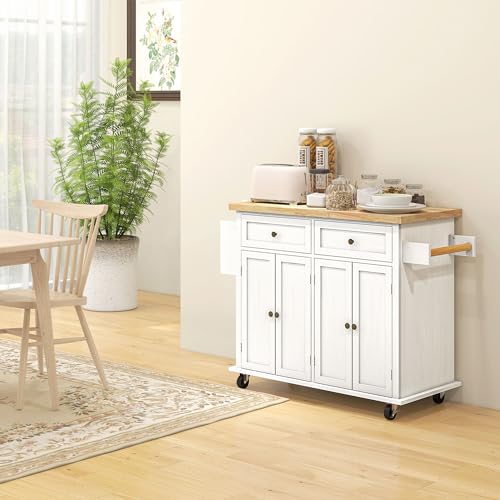 HOMCOM Kitchen Island on Wheels with Rubberwood Top, Navy Blue X7812