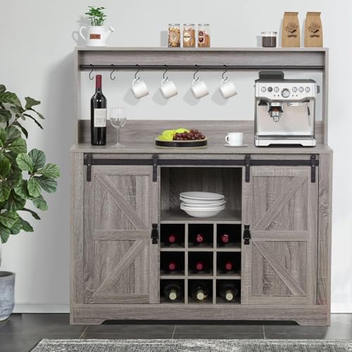 Coffee Bar Cabinet with Storage, Farmhouse Buffet Sideboard, Grey P7089