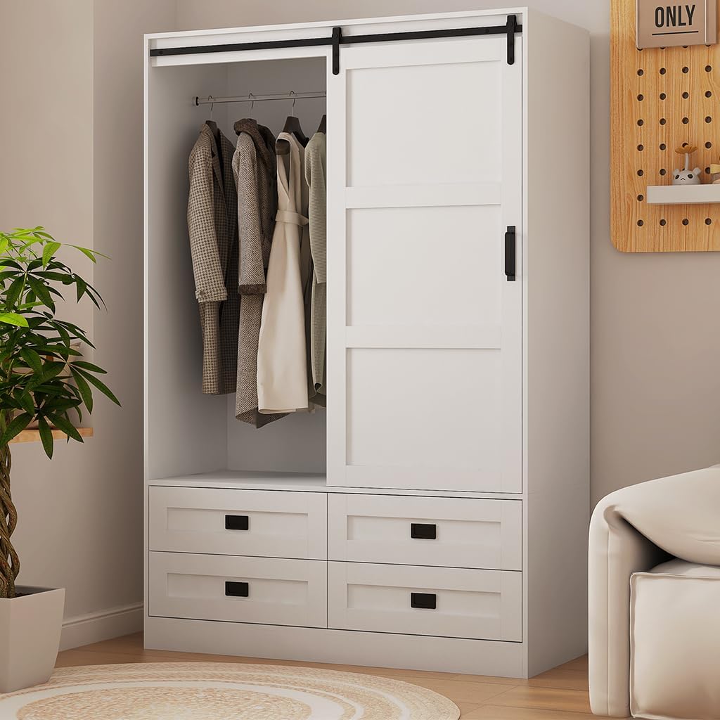 Solid Wood Armoire Wardrobe with Sliding Barn Door, 4 Drawers and Hanging Rod O1248