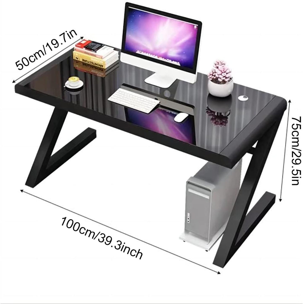 Modern Computer Desk Tempered Glass with Threading Hole Storage, Black F244