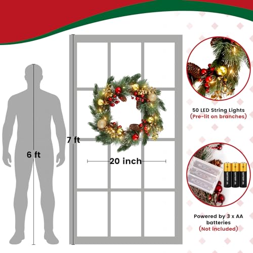 DomeStar 24 Inch Christmas Wreath with Lights, Outdoor Waterproof with Pine Cones C51545