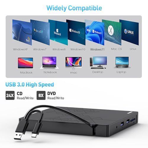 External CD DVD Drive for Laptop, USB 3.0 Type-C, Slim Portable Burner T70166