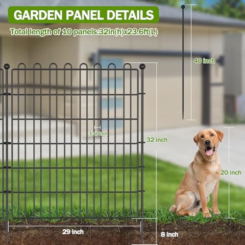 Decorative Metal Garden Fence for Yard, 32in H x 23.6ft L, Animal Barrier K800603