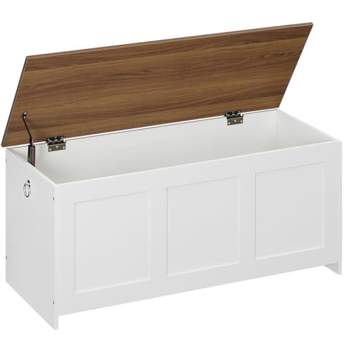 HOOBRO Storage Bench, 39.3" Retro Wooden Chest with Lift Top, White and Walnut C2921