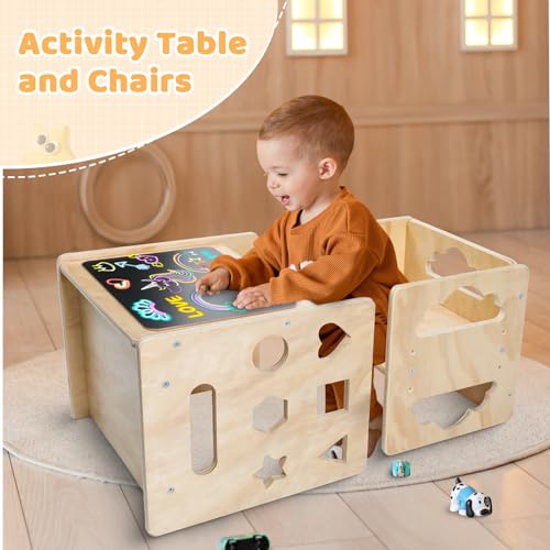 Montessori Weaning Table and Chair Set, Wooden Toddler Table with Blackboard, 3 Heights Adjustable I4858
