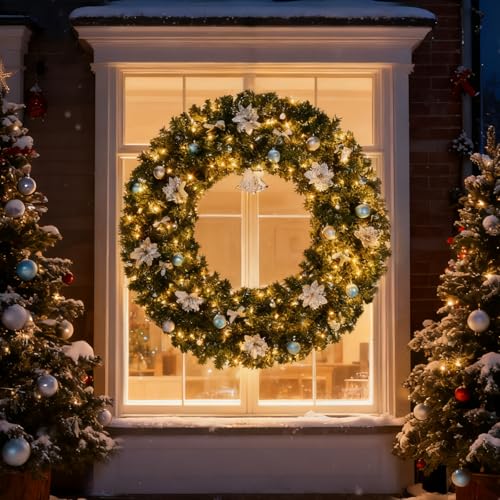 VINGLI 48 Inch Pre-lit Artificial Christmas Wreath with 150 LED Lights T885
