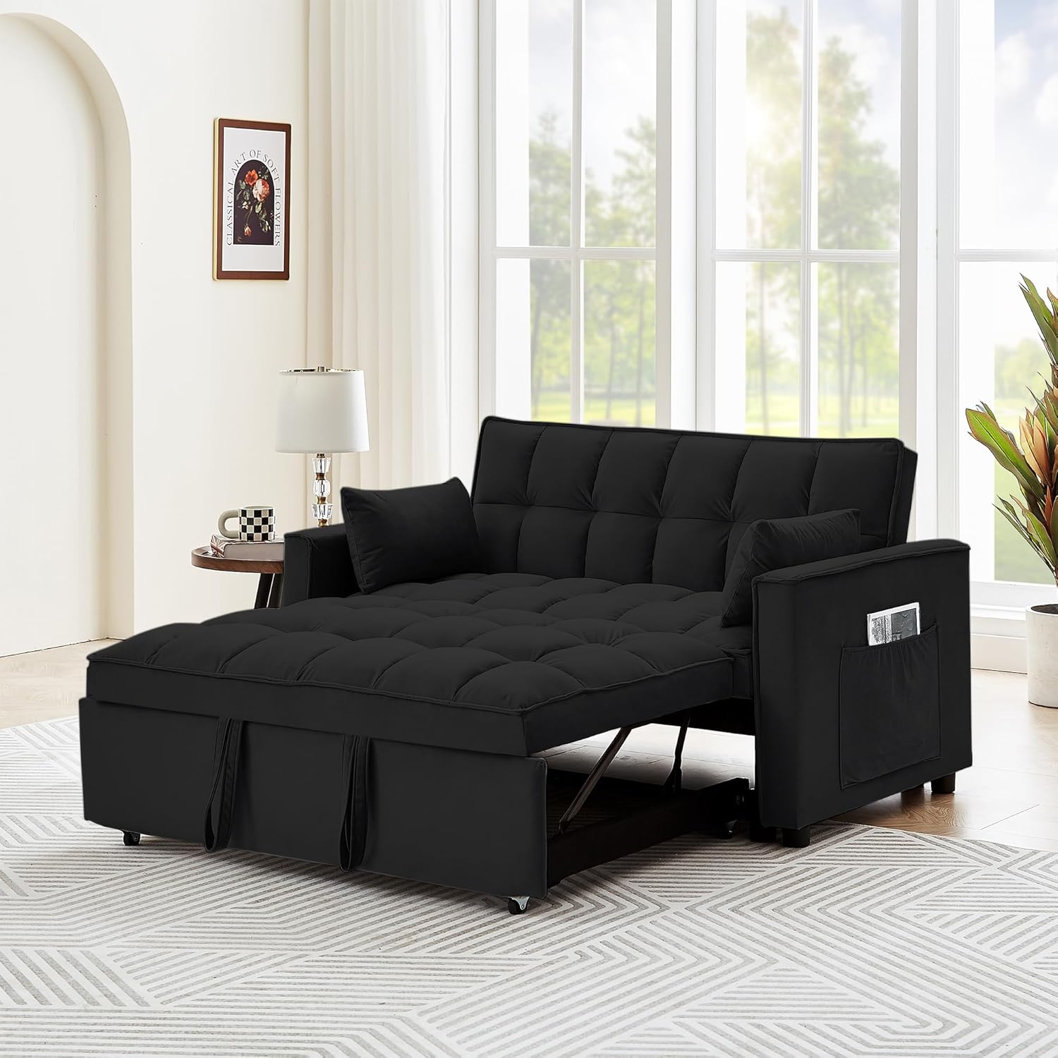 55" Full Size Pull Out Couch-3 in 1 Convertible Futon Sofa Bed, Fluffy Velvet Loveseat Sofa Cama, Foldable Lounge Sleeper Sofa with Pullout Bed, Small Couch for Living Room