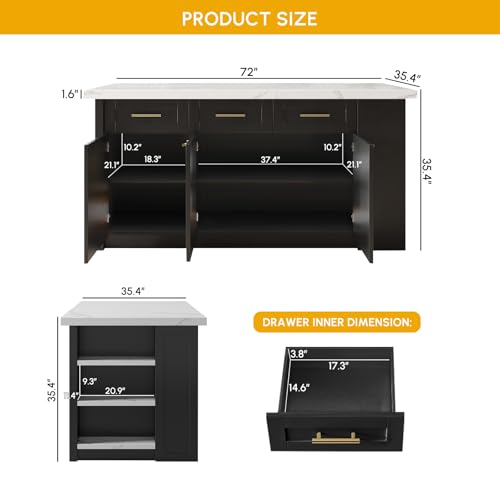homary 72" Kitchen Island with Storage, White Dining Table with Seating & 3 Drawers H6352