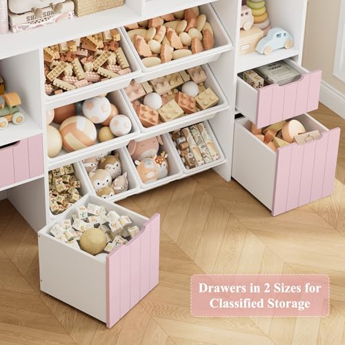 HORSTORS 55" W Toy Storage Organizer with Drawers and Removable Bins, Pink I970901