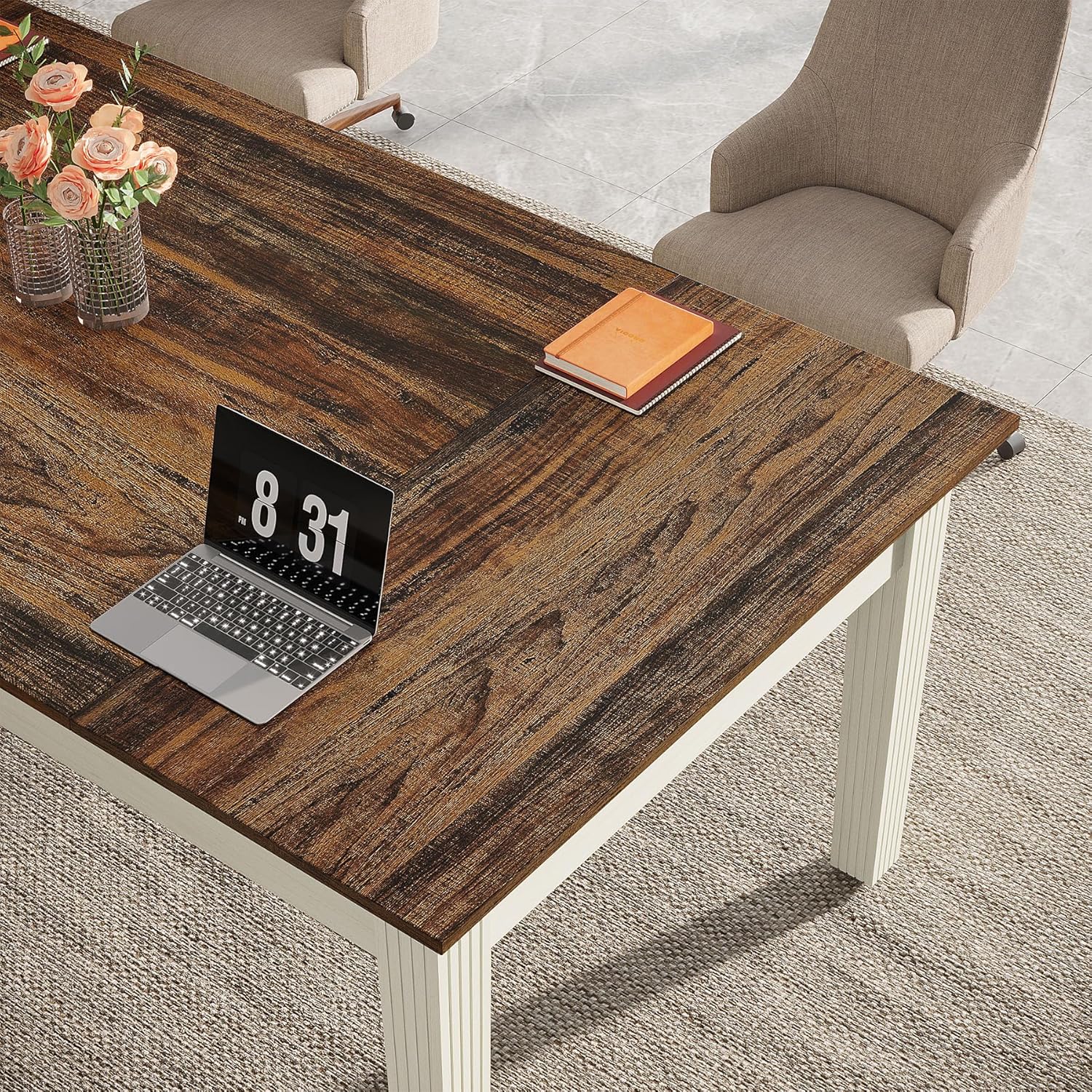 Tribesigns 62-Inch Computer Desk with Solid Wood Legs, Rustic Brown & White B24585