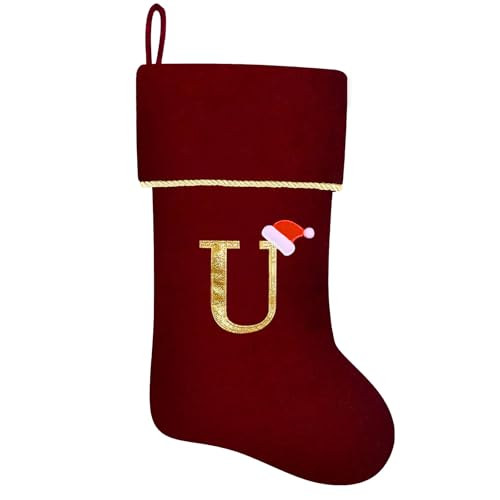 20 Inches Initial Monogram Blue Velvet Christmas Stocking with Gold Trim U394
