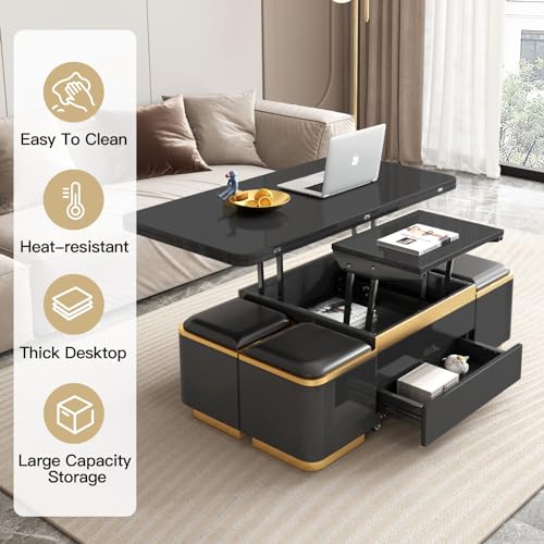 Lift Top Coffee Table with Storage and 4 Stools, Black C543603