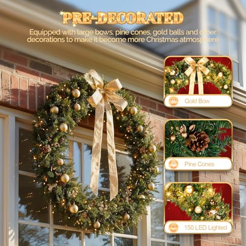 VINGLI 48 Inch Pre-lit Artificial Christmas Wreath with 150 LED Lights T885