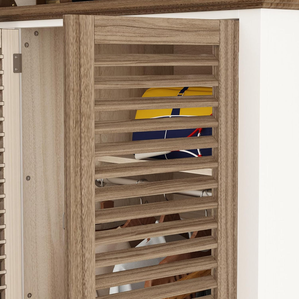 ECACAD 4 Doors Wardrobe Armoire with Louver Doors, Storage Shelves, 4 Drawers & Hanging Rod, Brown & White K855323