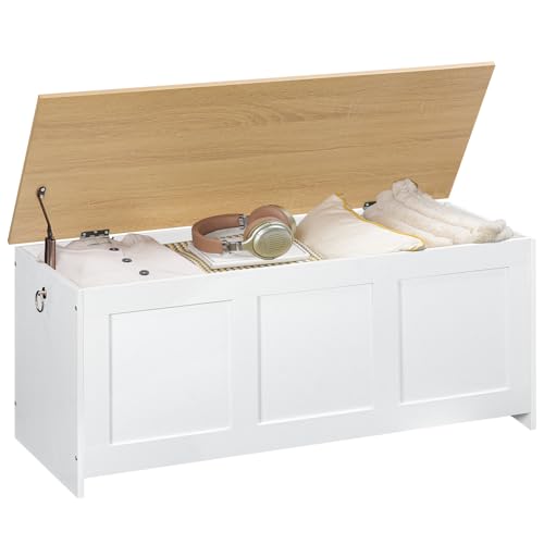 HOOBRO Storage Bench, 39.3" Retro Wooden Chest with Lift Top, White and Walnut C2921