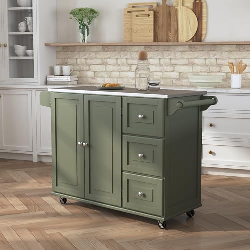 homestyles Mobile Kitchen Island Cart with Stainless Steel Top, Sage Green J6213