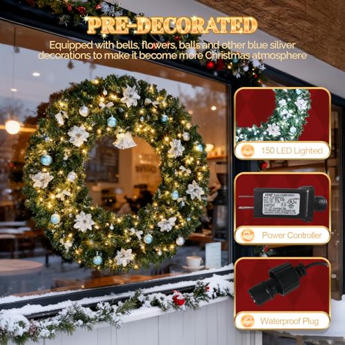 VINGLI 48 Inch Pre-lit Artificial Christmas Wreath with 150 LED Lights T885