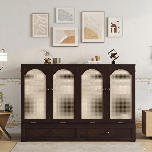 KEIKI Queen Murphy Bed Cabinet with Charging Station & Rattan Design S457376