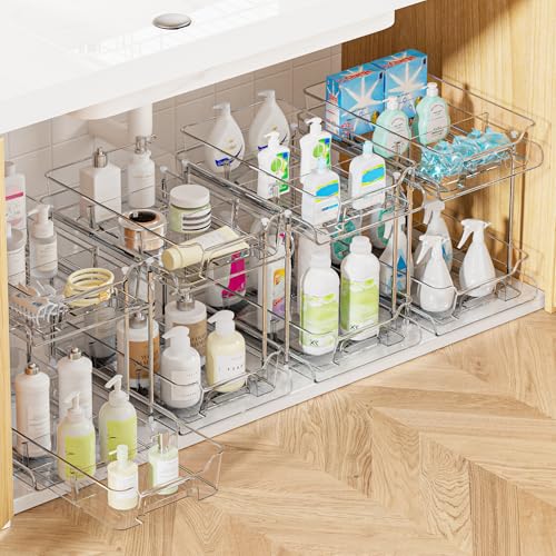 Vtopmart 4 Pack 2 Tier Clear Under Sink Organizer with Pull-Out Track E175