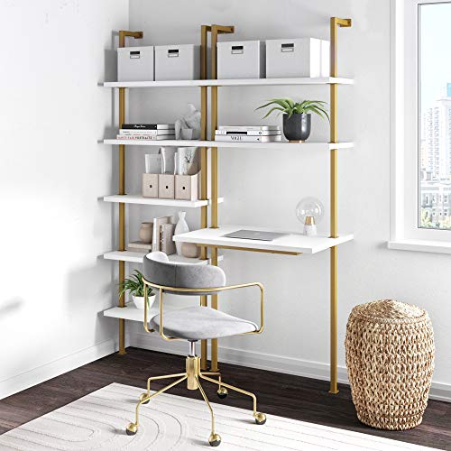Nathan James Theo 2-Shelf Industrial Wall Mount Desk, White/Gold Brass S899841
