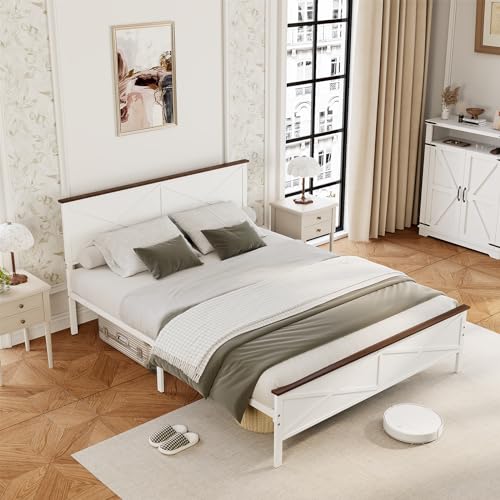 VOPEAK Farmhouse Queen Bed Frame with Headboard, Metal Platform, White E258