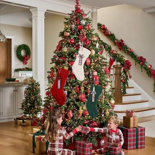 Set of 6 Personalized Christmas Stockings with Wooden Name Tags D26869