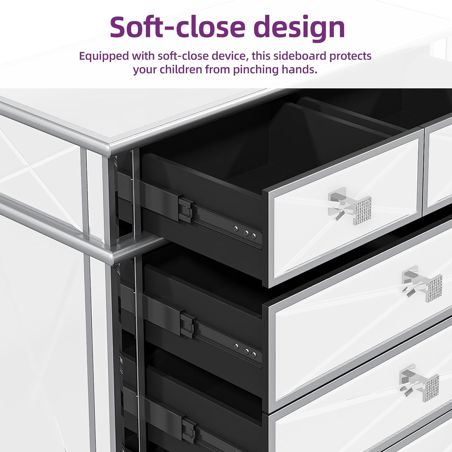 DWVO Silver Mirrored 5 Drawer Dresser for Bedroom with Wood Legs N450767