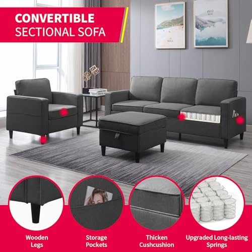 MUZZ 3PCS Linen Sofa Set with Ottoman, Dark Grey B93215