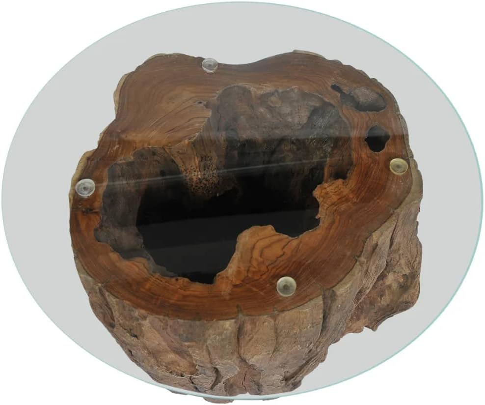 Teak Wood Stump Coffee Table with Tempered Glass Top O26377