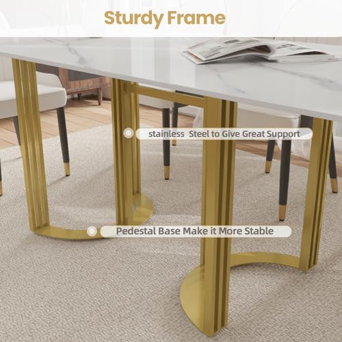 Modern Rectangle Marble Dining Table 63" White with Gold Trestle Pedestal J573458