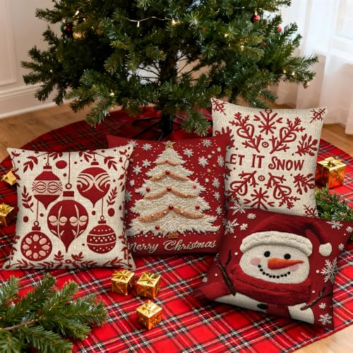 PICKFORU Christmas Throw Pillow Covers 18x18 Set of 4, Winter Holiday Decorative Cushion Cases I32037