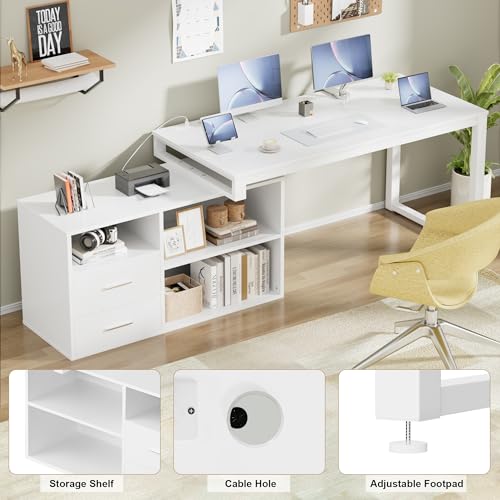 L-Shaped Desk with File Cabinet & Power Outlet, 55 Inch White K40680