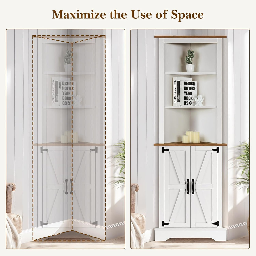 4 EVER WINE Farmhouse Corner Cabinet with 5 Shelves & Barn Doors, White F9155