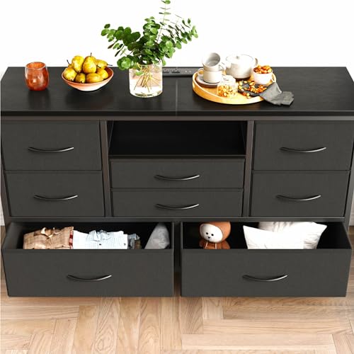 Dresser TV Stand with Power Outlet & LED for 55'' TV, 8 Drawers, Wood Top P3503