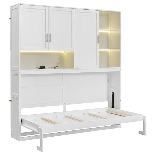 SOFTSEA Twin Murphy Bed with Storage Bookcase, LED Light & Charging Stations, Grey G72495