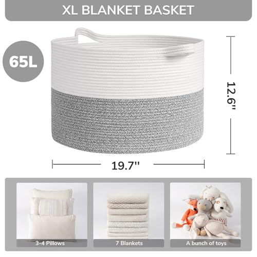 INDRESSME Large Cotton Rope Storage Basket with Handles, 90L Grey R37552