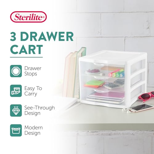 Sterilite ClearView 3-Drawer Cart, Small Plastic Storage Organizer, White H116205
