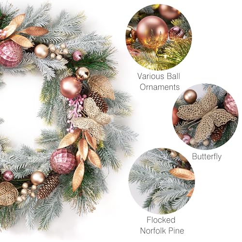 DecorbyHannah 24" Pre-Lit Pink Christmas Wreath with Ornaments Z91208