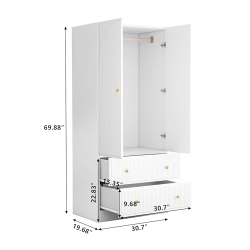 QHITTY Freestanding Armoire Wardrobe with 2 Drawers and Clothing Rod, White B8868