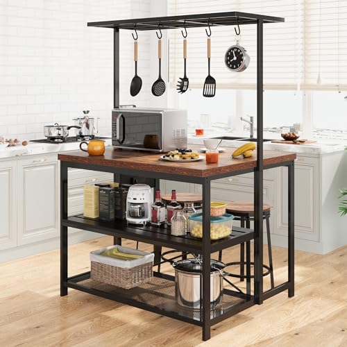 Kitchen Island with Storage, Bakers Rack with Power Outlet, 3 Tier Microwave Stand, Coffee Bar Table I24443