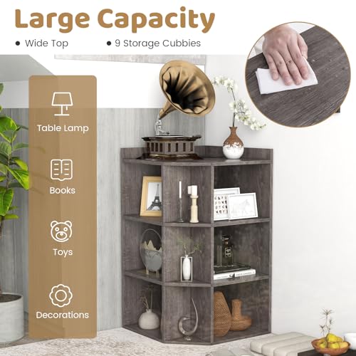 9 Cube Corner Cabinet, 3-Tier Wooden Bookshelf with Charging Station, White E10683