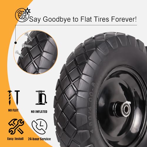 Wheelbarrow Tires 4.80/4.00-8 Flat Free 16" Solid Wheels with Bearings (2 Pack) X202