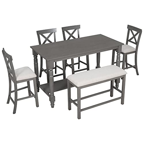 UBGO 6-Piece Counter Height Dining Table with Shelf, 4 Chairs and Bench, Gray C357