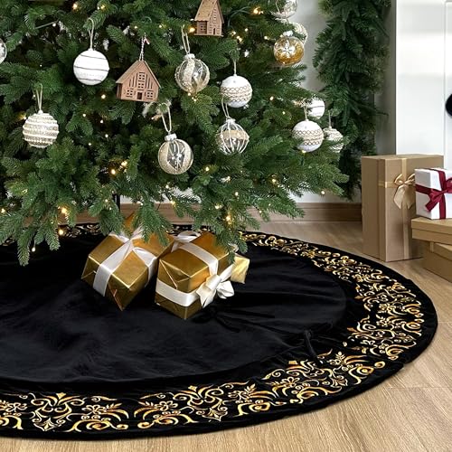 Burgundy Victorian Velvet Christmas Tree Skirt with Gold Damask Embroidery Q6345