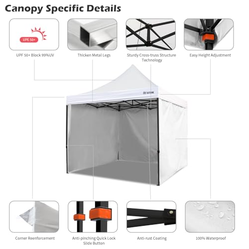 OUTFINE Heavy Duty 10x10 Pop Up Canopy Tent with 3 Side Walls, White Q980400