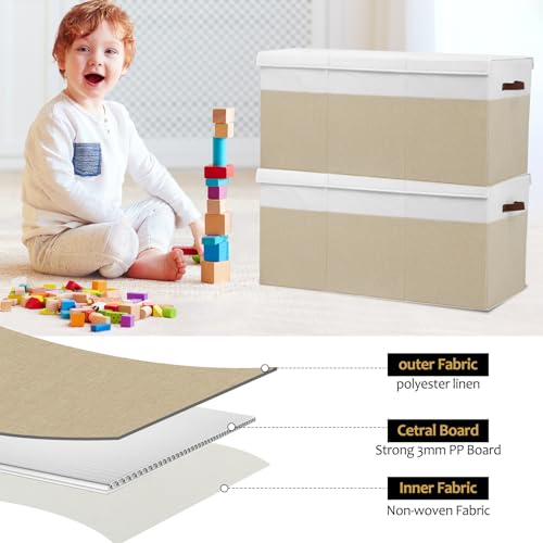 Large Toy Storage Box with Lid and Dividers for Kids, Beige and White X95078