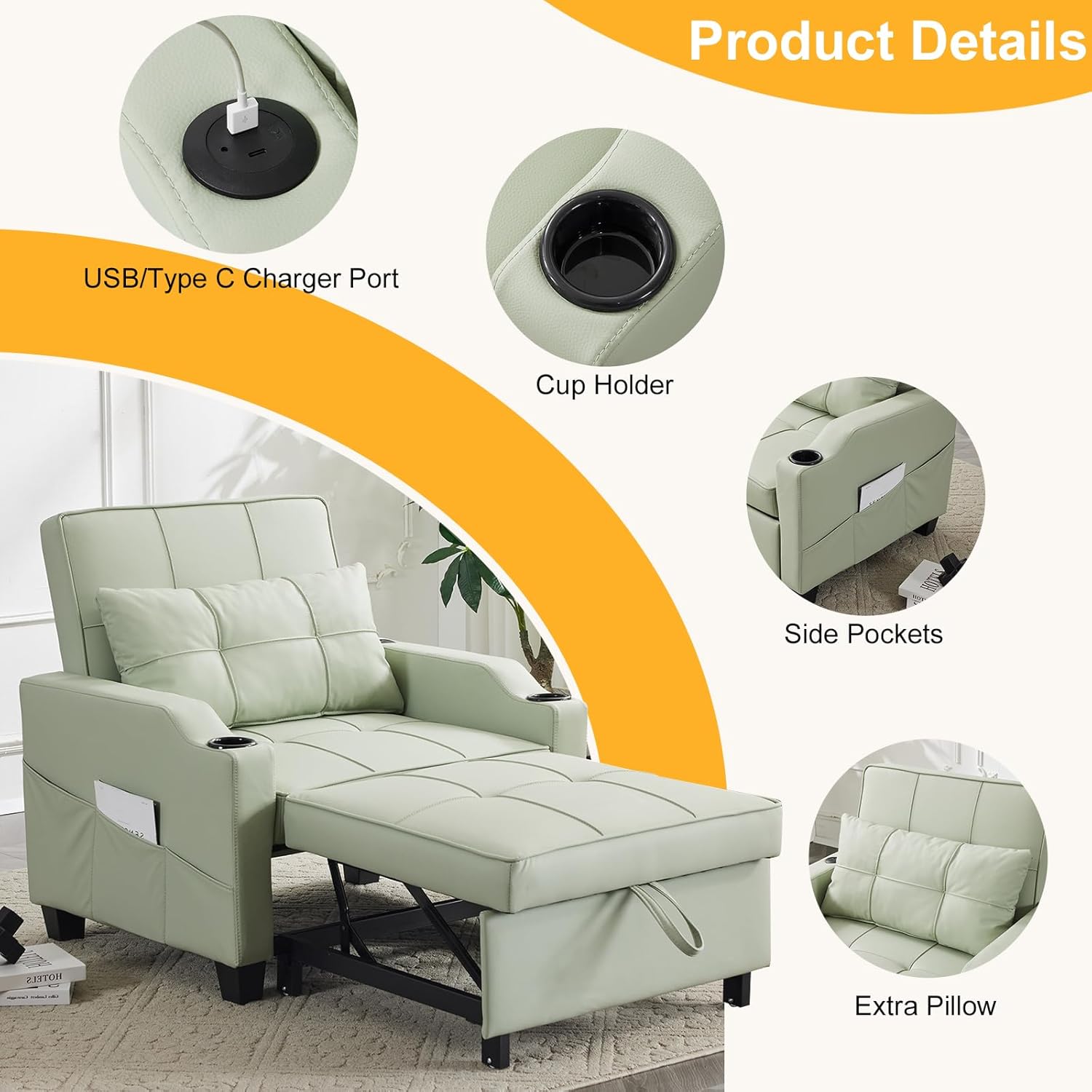 Karl home Sleeper Chair 3-in-1 Pull Out Sofa Bed with USB Ports, PU Leather Mint Green S3213
